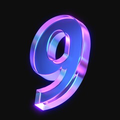 3d rendering of glowing number 9 in the dark. number nine sign with neon retro light. 3d illustration with glass gradient material