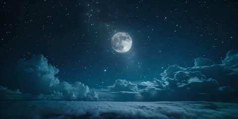 Serenity under the night sky: full moon, glistening stars and soft clouds. perfect for backgrounds and themes. serene and tranquil imagery. AI