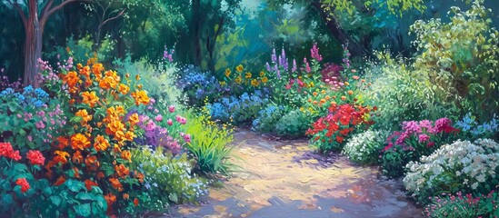 A beautiful artwork depicting a meadow with a path adorned by colorful flowers and lush trees, displaying the serene beauty of a natural landscape.