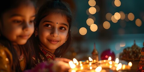 Obraz na płótnie Canvas Joyful children celebrating diwali festival with traditional oil lamps. candid moment, warm festive ambiance. cultural celebration. AI