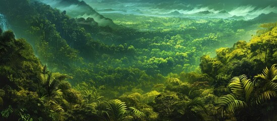 Obraz premium A stunning painting capturing the beauty of a lush green forest with majestic mountains in the backdrop, portraying a natural landscape.