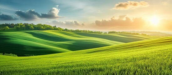 The sun is descending, casting its warm golden sunlight over a lush green field with rolling hills in the background. - obrazy, fototapety, plakaty
