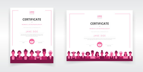 Modern certificate templates featuring female entrepreneurs, executives and employees. Ideal for entrepreneurship and leadership training programs or any other award function relevant to women