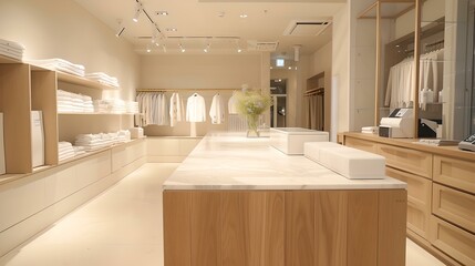 Modern retail clothing store interior design with warm lighting and wooden fixtures. AI