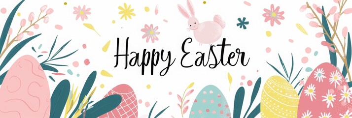 Pastel Playground: A Joyful Easter Banner Bursting with Hand-Painted Eggs, Dots, and a Playful Bunny. A Modern Easter Banner with Whimsical Dots, Eggs, and a Hoppy Bunny