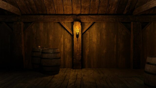 There is a torch burning inside the tavern, next to it there is a barrel, and on it lies a skull. 3D animation.
