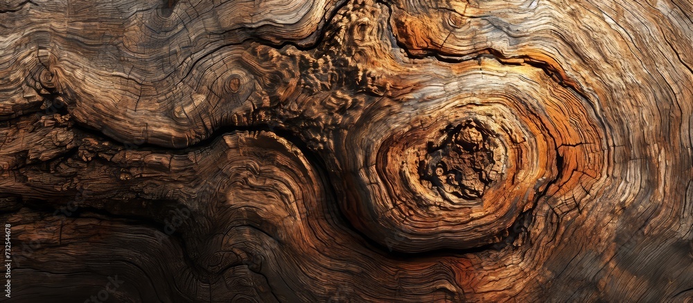 Poster a detailed photograph displaying a knot in a wooden trunk, showcasing art and pattern found in tree 