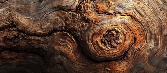 A detailed photograph displaying a knot in a wooden trunk, showcasing art and pattern found in tree carvings.
