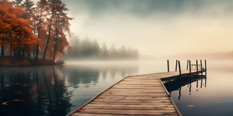 Foto op Plexiglas with a wooden pier sunrise on the lake generated ai © Rabia