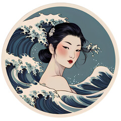 Elegant Geisha Merged with Japanese Wave Art
