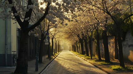Blooming trees on the road in spring season.