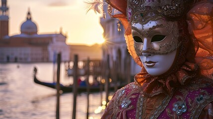 Mysterious venetian masquerade. carnival mask against sunset in venice. celebration and travel, italian style. festive atmosphere in europe. AI - obrazy, fototapety, plakaty