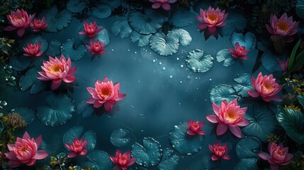 Fototapeta na wymiar top view pink lotus flowers in water 