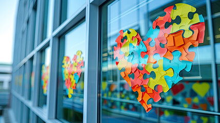 The windows of the building decorated on autism Day with colored puzzles forming the shape of a heart