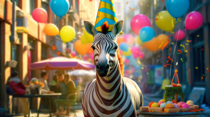 Striped zebra in a festive city decorated with balloons, cupcakes and candles on the day of the birthday celebration - obrazy, fototapety, plakaty