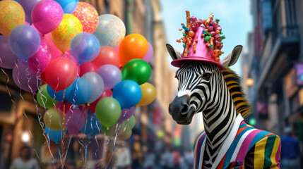 A strange zebra in a bright striped suit with a bunch of balloons walks through the city on birthday