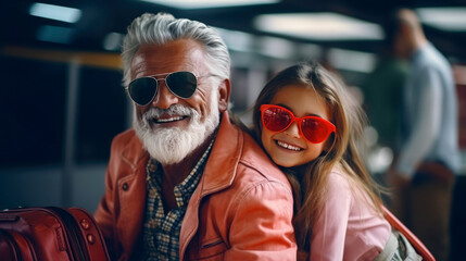 A stylish grandfather in a leather jacket and his granddaughter are waiting for the start of...