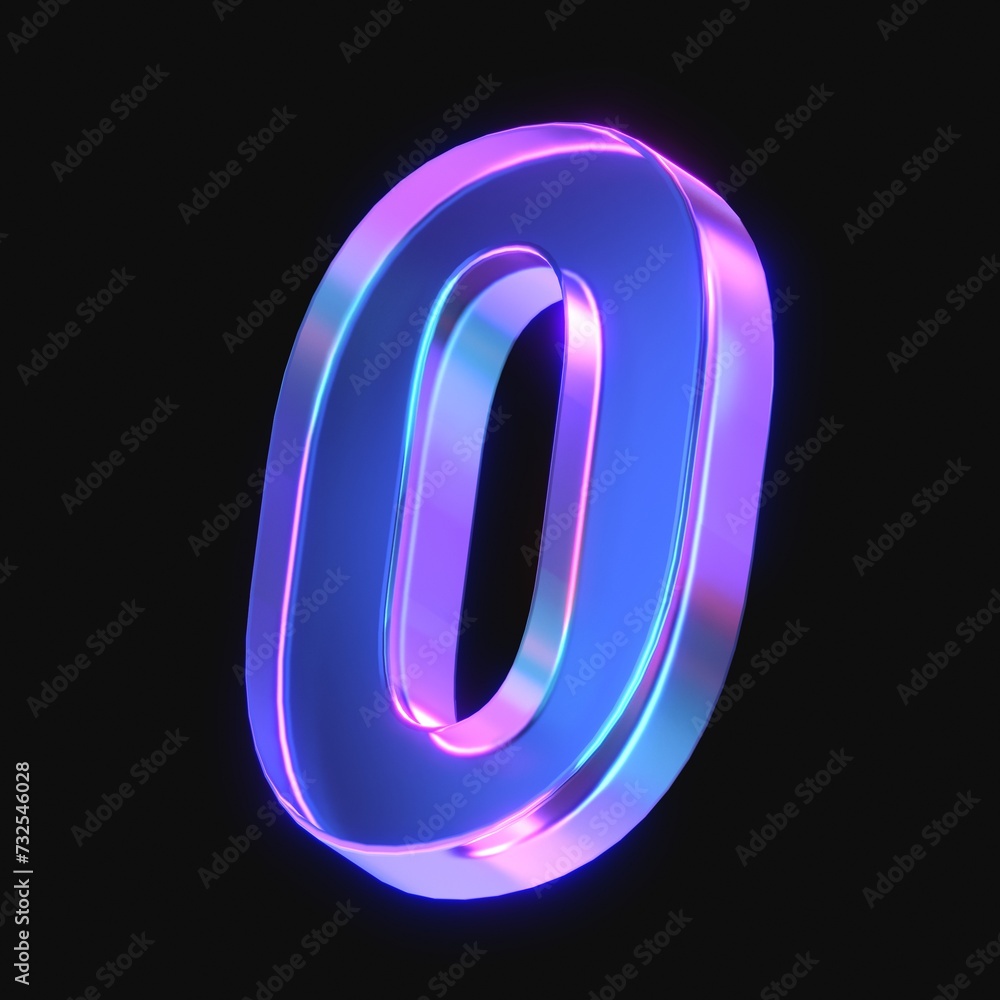 Poster 3d rendering of glowing number 0 in the dark. number zero sign with neon retro light. 3d illustratio
