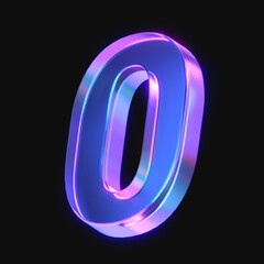 3d rendering of glowing number 0 in the dark. number zero sign with neon retro light. 3d illustration with glass gradient material