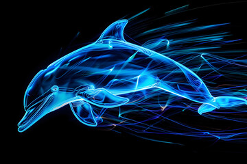 Obraz na płótnie Canvas Mesmerizing neon outlined dolphin isotated on black background. Created with generative AI.