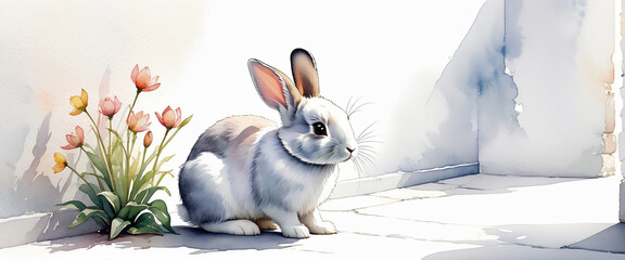 Flowers and little white rabbit. Rabbit portrait. Animal illustration in watercolor style.