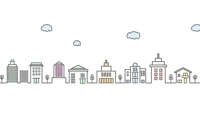Animated video featuring a street driving loop with the city in the background. Illustrate townscape, sky, and city houses. product delivery animation.