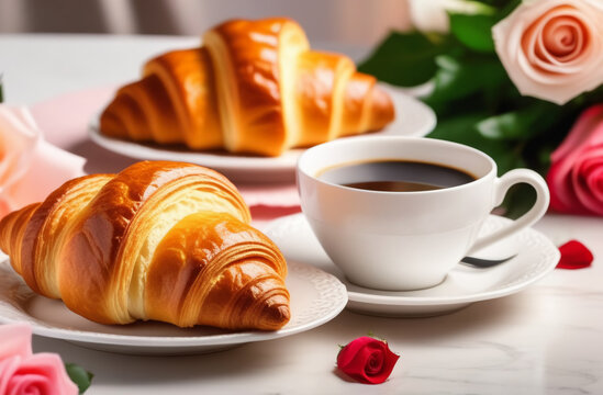 A white cup of Americano coffee on the table next to a lush crispy croissant, with rose flowers on the background. The concept of a holiday breakfast for a loved one or breakfast at the hotel.