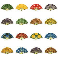 set with different ornament fans on white background decorative collection art design objects clipart 	