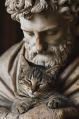 Ancient marble statue holding a sleeping kitten. Being cared of. Feeling safe and secure.