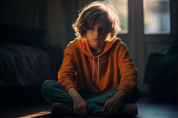 Captivating image of a child with autism, immersed in brooding solitude amidst warm orange and cool indigo hues.