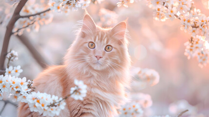  Tabby cat of peach color and against the background of spring delicate flowers. National Pet Day. Copy space. Banner