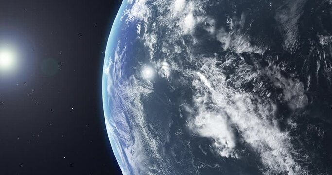 View from the stratosphere of the planet's oceans. Night falls on a globe without land. 3D animation of the water world, 4K video, version 03.