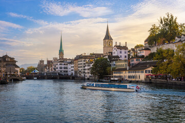 Cityscape of Zurich, Switzerland during sunset.