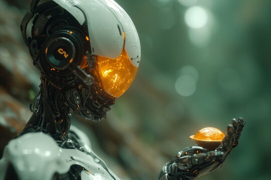 Android contemplates golden coin, merging economic concepts with futuristic AI. Robot with humanoid head holds glowing coin, symbolizing AI's role in future economie