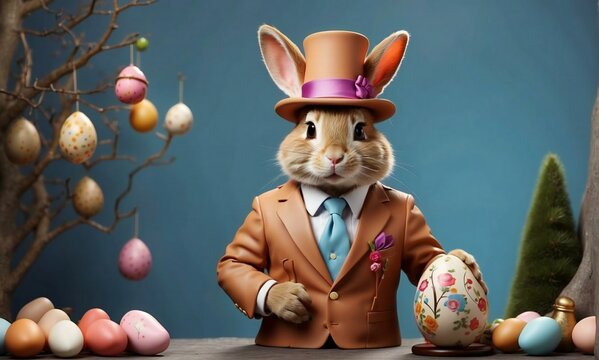 The rabbit character wears a suit and decorated egg ornaments. happy easter day