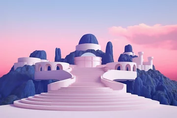 Türaufkleber Hell-pink Abstract fantasy landscape with stairs leading to the sky