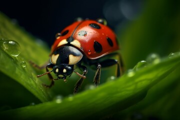 Fototapeta premium Macro image of the ladybug sitting on the fresh green leaf, surrounded by glistening droplets of dew.