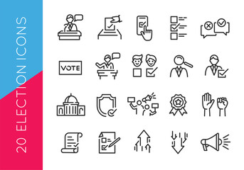Elections icon set. Politics icons for promotional materials, social media and web or mobile app. Vector illustration
