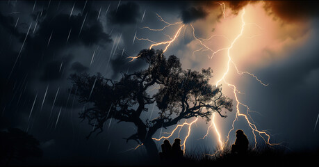 Silhouettes of a group of monkeys sit on the acacia tree in the savannah while the storm is raging. Yellow dangerous lightning strikes in the background Wildlife environment concept endangered spieces