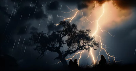 Foto op Plexiglas Silhouettes of a group of monkeys sit on the acacia tree in the savannah while the storm is raging. Yellow dangerous lightning strikes in the background Wildlife environment concept endangered spieces © SoloWay Stock