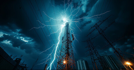 Gigantic tower antenna towering above a modern industrial city, is hit by the blue lightning in the night storm. Electricity sparks shatter and run down the lightning rod to the ground. Low wide angle