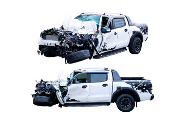 Car crash, Front and Side view of white pickup car get hard damaged by accident on the road....