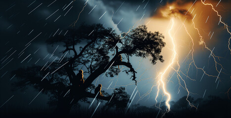 Silhouettes of a group of monkeys sit on the acacia tree in the savannah while the storm is raging. Yellow dangerous lightning strikes in the background Wildlife environment concept endangered spieces
