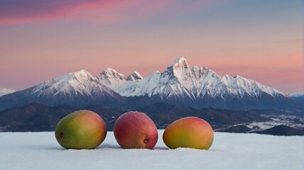 mangoes on a snow  landscape with mountains and beautiful  background sky view.