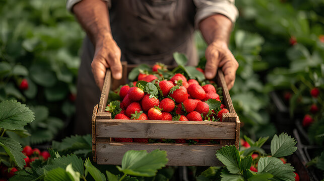 photo of a farmer lifting a wooden basket containing strawberries with a strawberry plantation in the background