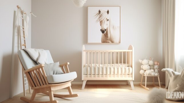 Baby room in Scandinavian style with a swing chair, a wooden cot next to a white wall with a picture of a horse in a frame.