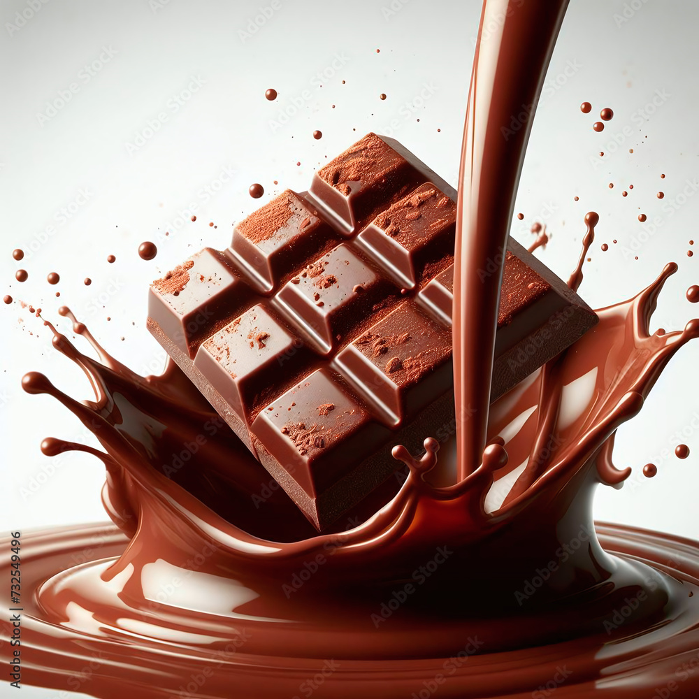 Poster close up of chocolate splash and chocolate bar on white background with clipping path