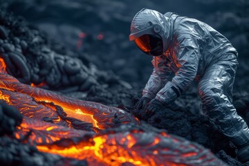 Man in special suit collecting lava samples from a volcano - obrazy, fototapety, plakaty