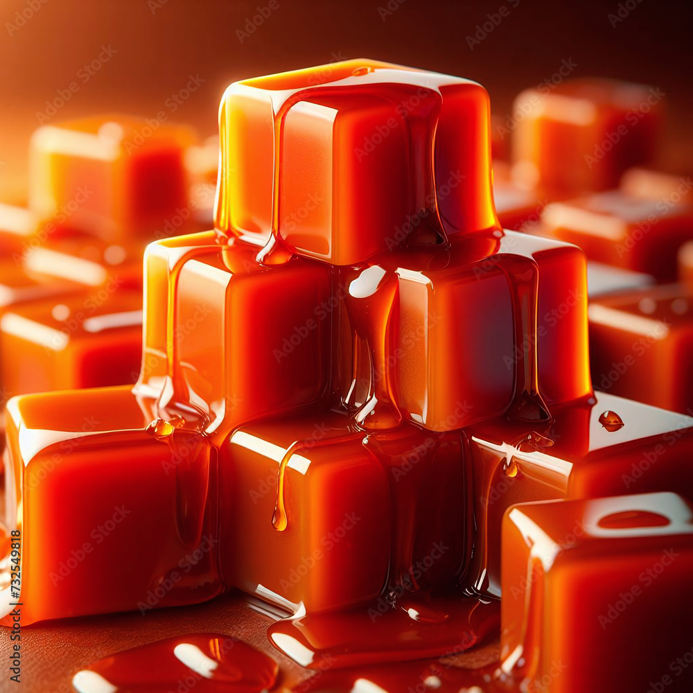 Poster close-up of red caramel cubes on dark background. 3d rendering