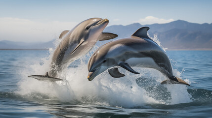 Naklejka premium close up dolphins jumping out the water